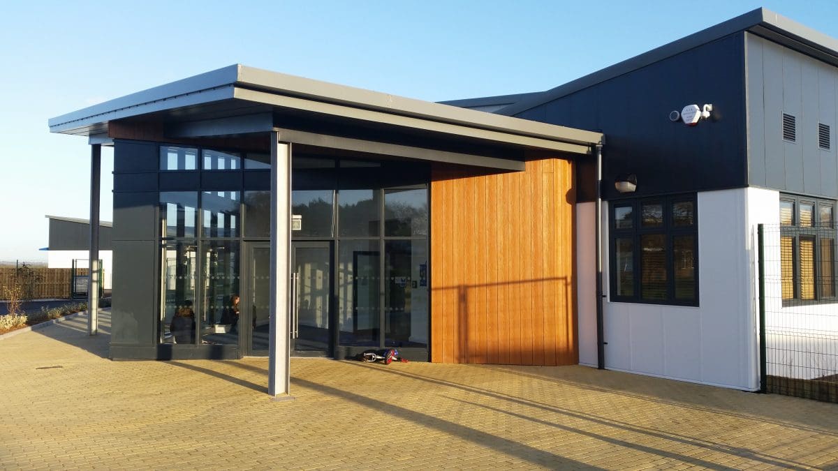 front view of building with canopy